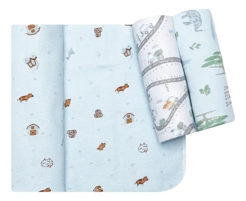 Kit 3 Cueiros Bebê Manta Estampado E Flanelado 80cm X 50cm Cor Menino Azul
