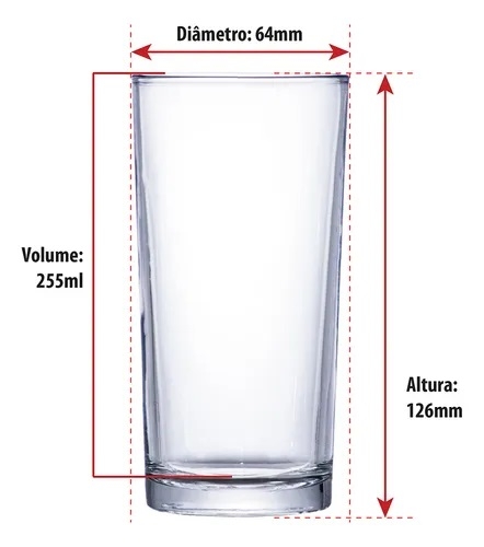 Jogo de Copos de Vidro Long Drink para Água e Suco 255ml 6pcs Ruvolo